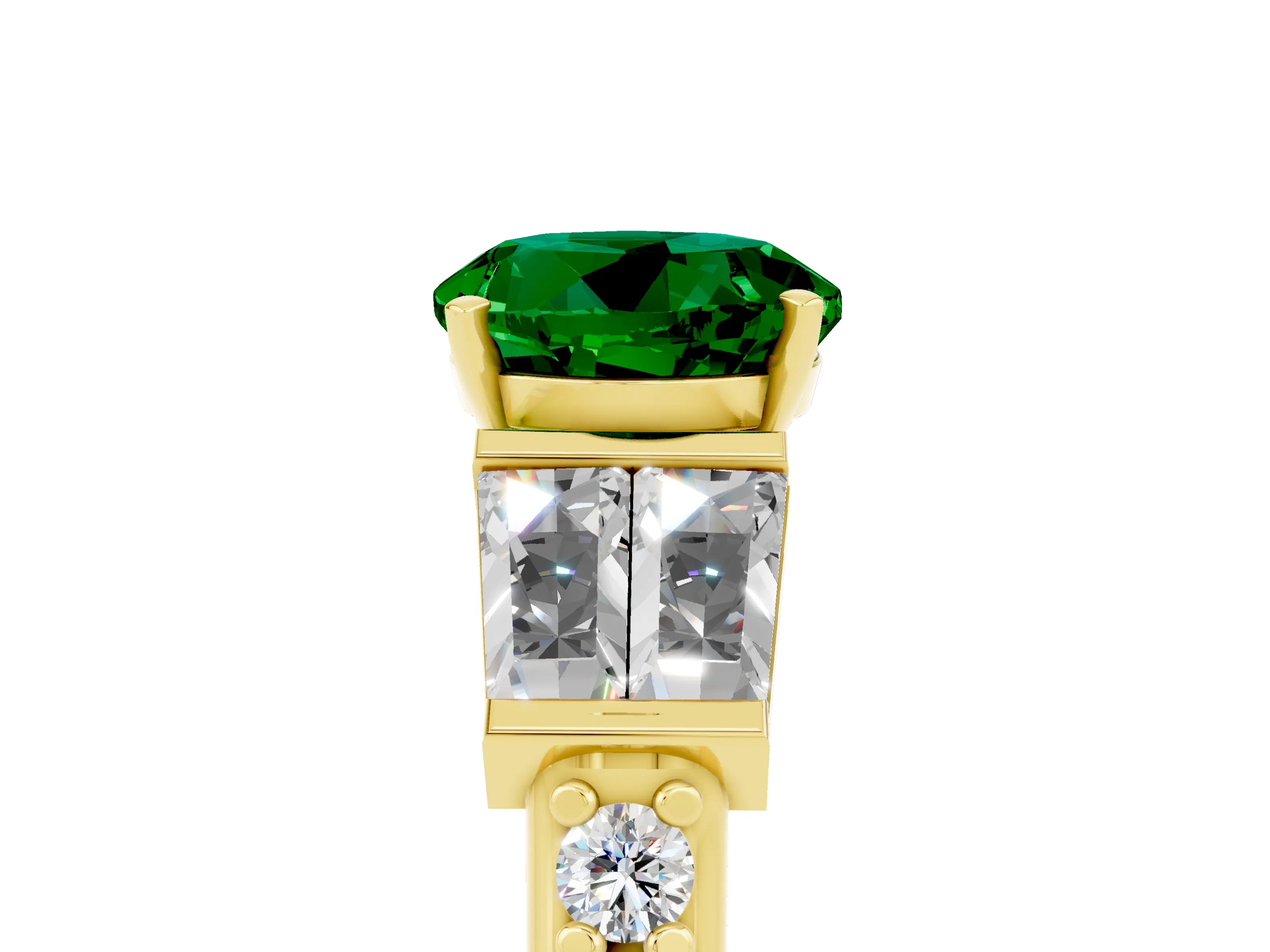 Yellow gold Round Cut Emerald Engagement Ring with Baguette Side Stones and Channel Set Band_5