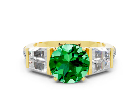 Yellow gold Round Cut Emerald Engagement Ring with Baguette Side Stones and Channel Set Band