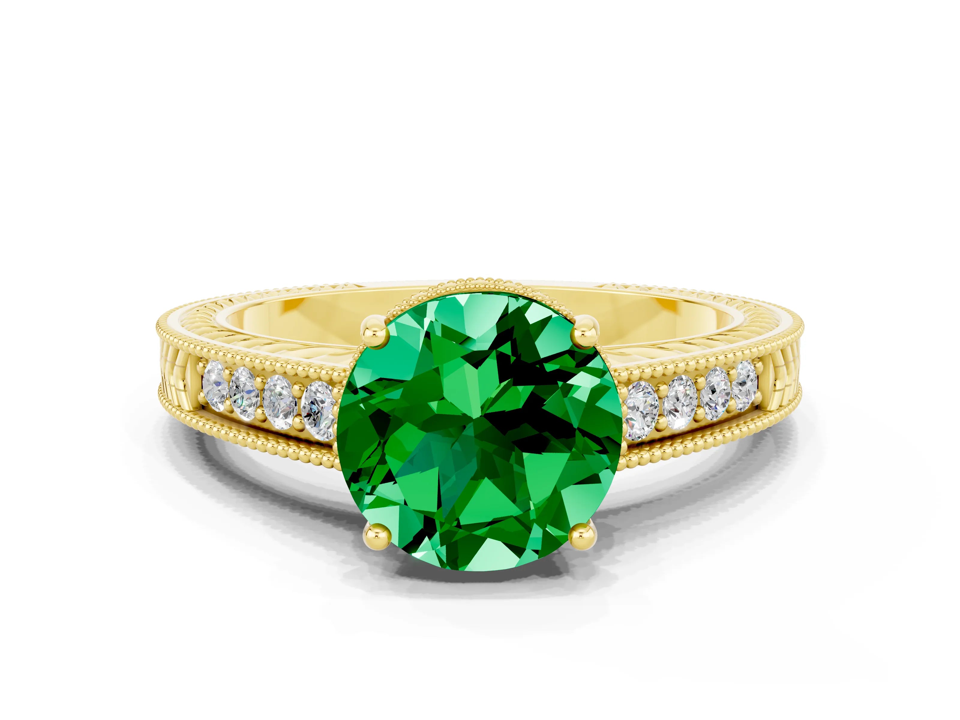 Yellow gold Round Cut Emerald Engagement Ring with Milgrain Channel Set Band and Prong Setting