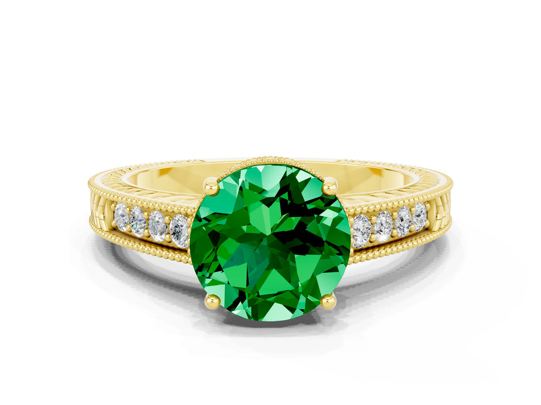 Yellow gold Round Cut Emerald Engagement Ring with Milgrain Channel Set Band and Prong Setting