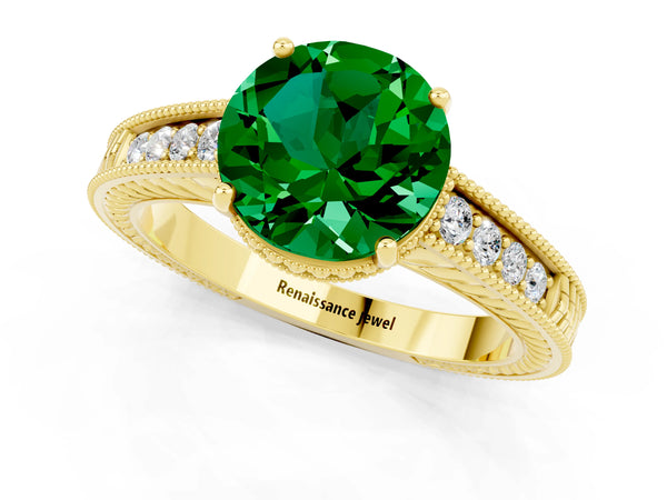 Yellow gold Round Cut Emerald Engagement Ring with Milgrain Channel Set Band and Prong Setting