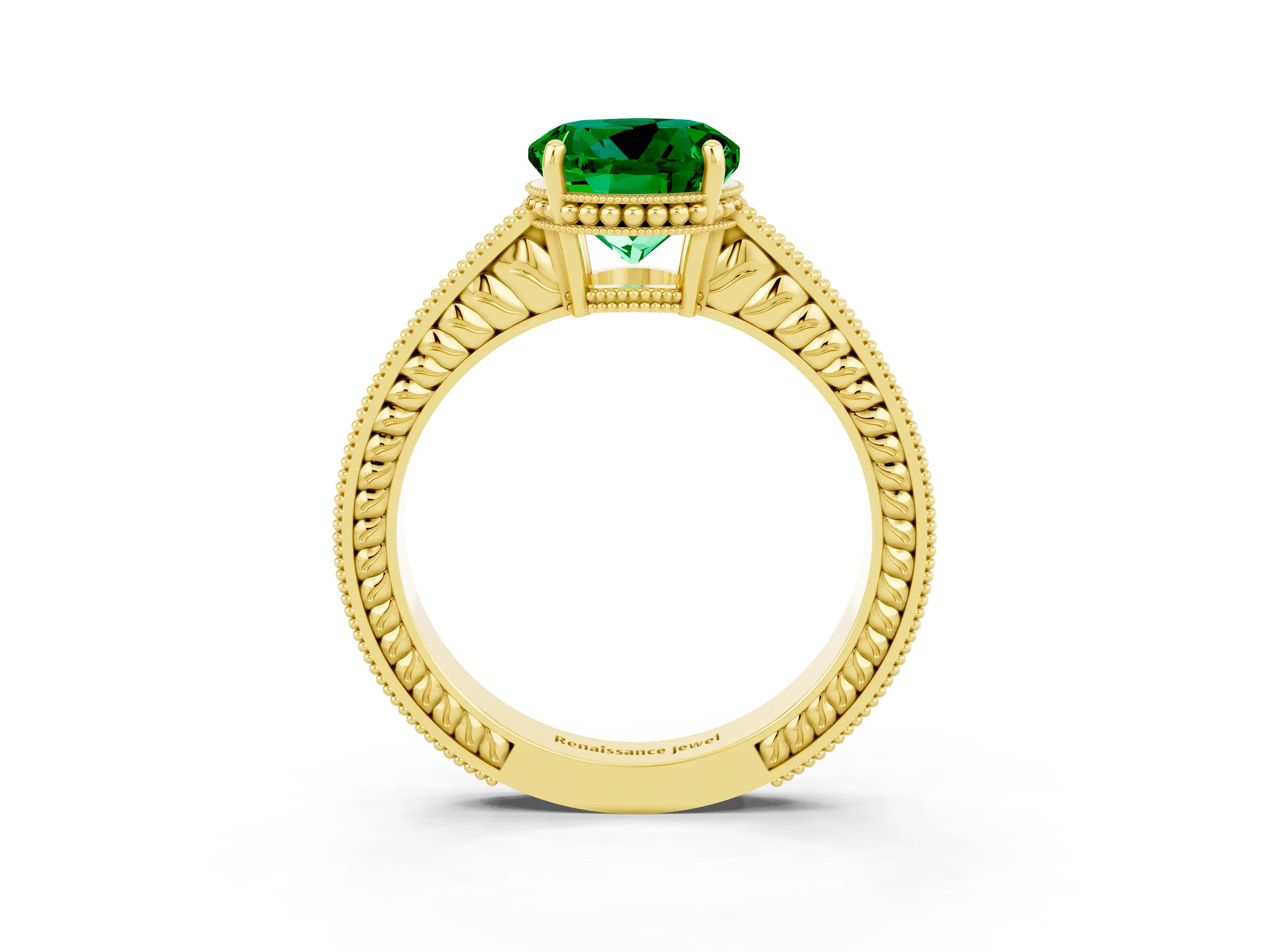 Yellow gold Round Cut Emerald Engagement Ring with Milgrain Channel Set Band and Prong Setting_3