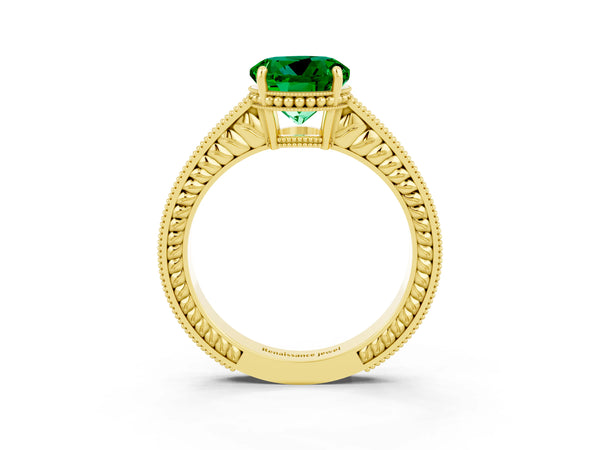 Yellow gold Round Cut Emerald Engagement Ring with Milgrain Channel Set Band and Prong Setting