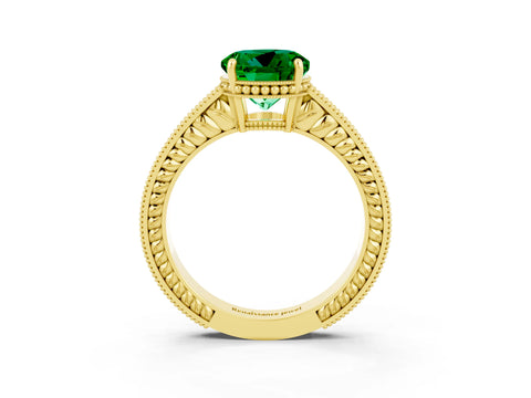 Yellow gold Round Cut Emerald Engagement Ring with Milgrain Channel Set Band and Prong Setting_3
