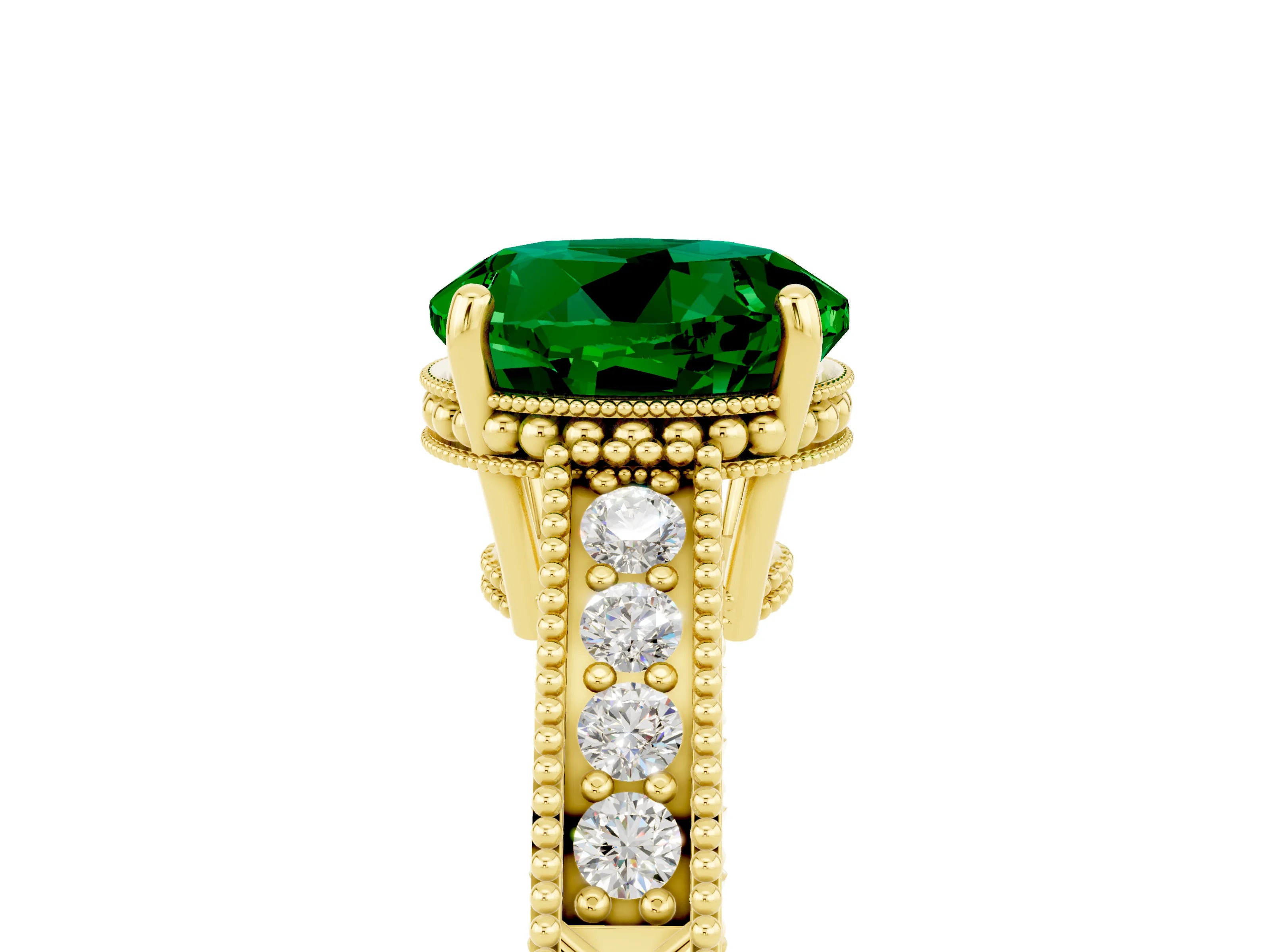 Yellow gold Round Cut Emerald Engagement Ring with Milgrain Channel Set Band and Prong Setting_5