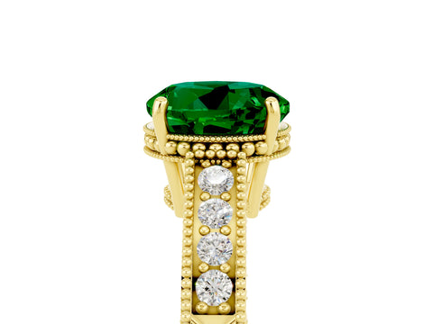Yellow gold Round Cut Emerald Engagement Ring with Milgrain Channel Set Band and Prong Setting_5