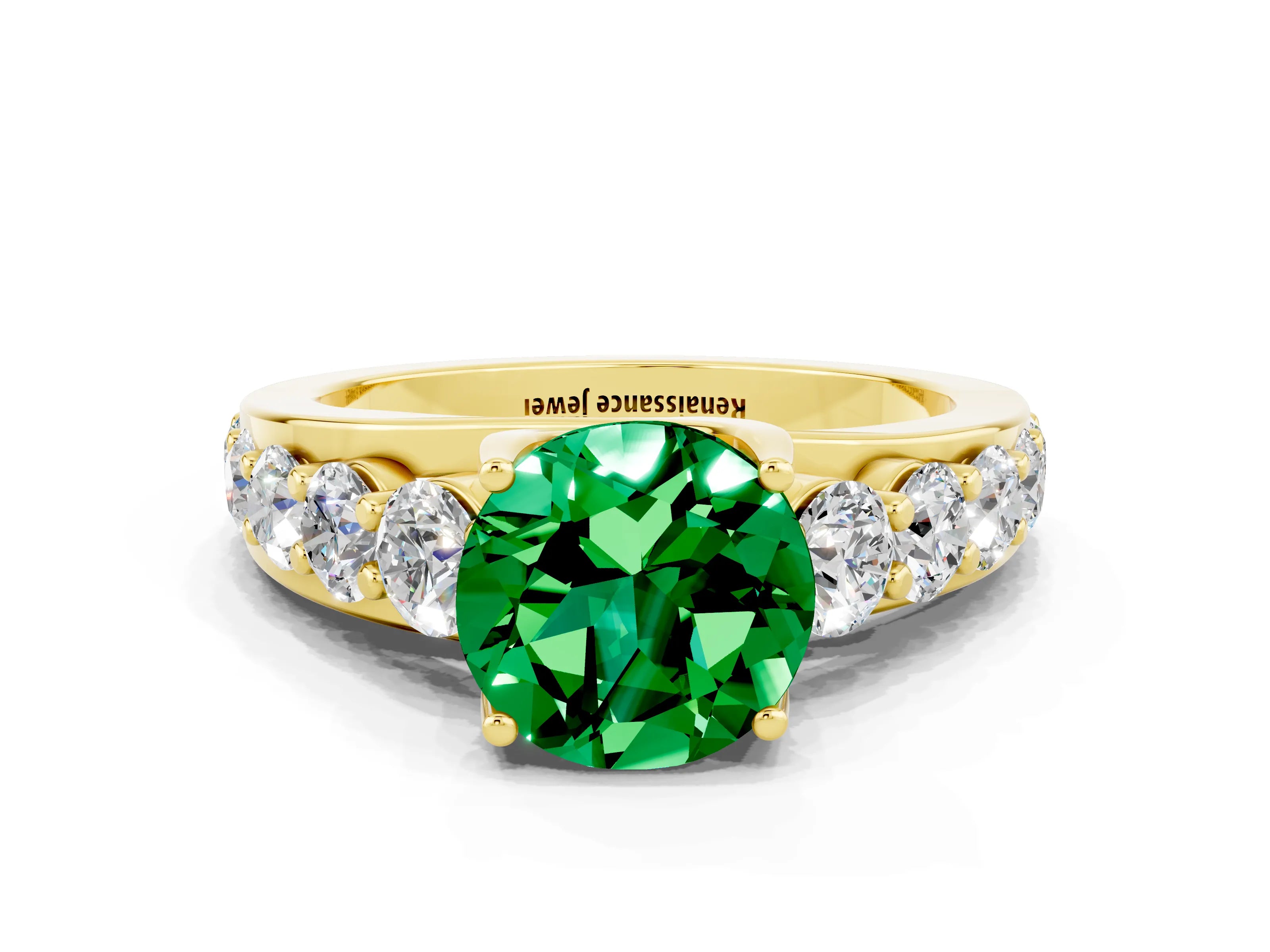 Yellow gold Round Cut Emerald Engagement Ring with Pavé Band and Four-Prong Setting