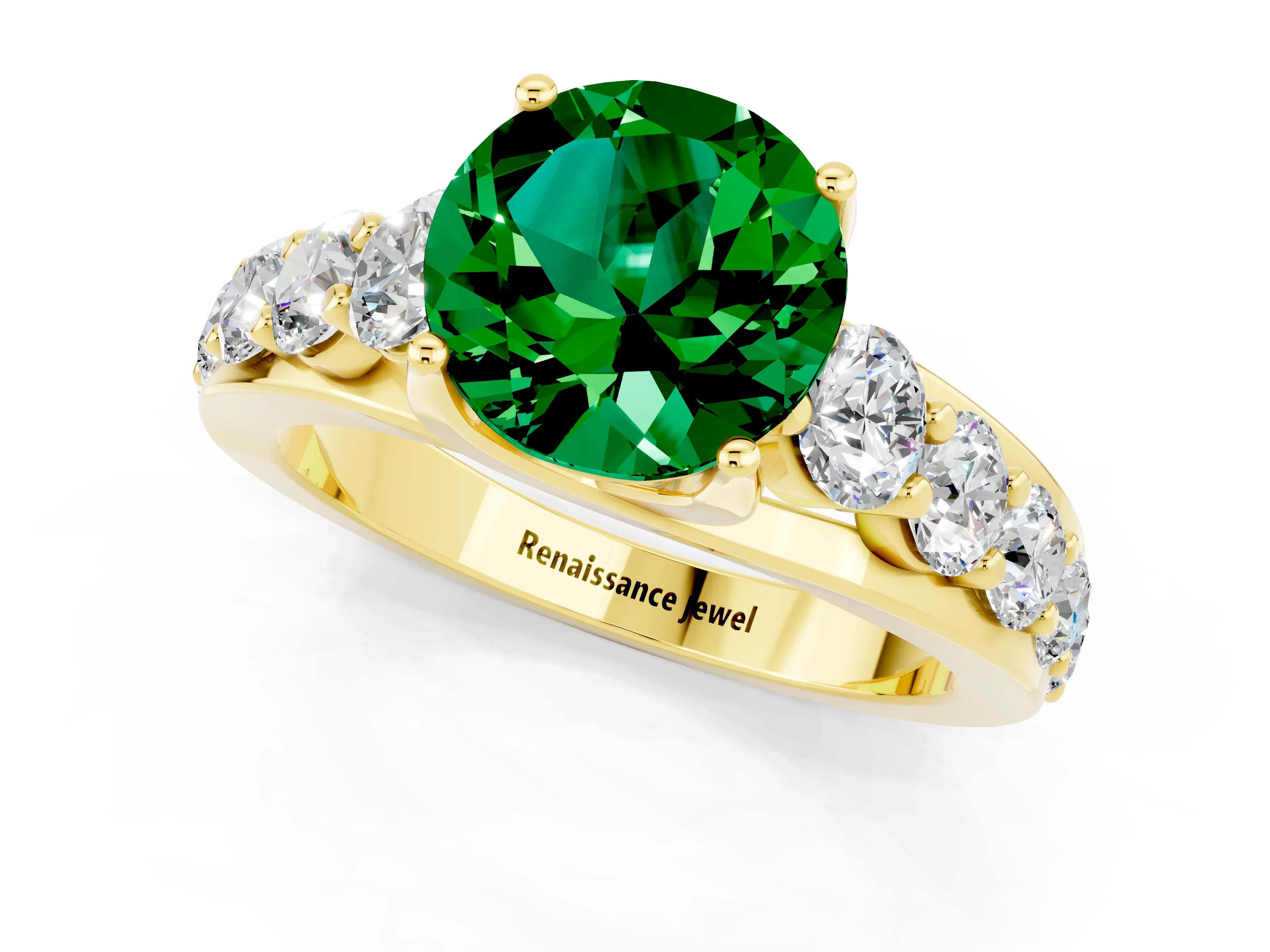 Yellow gold Round Cut Emerald Engagement Ring with Pavé Band and Four-Prong Setting_1