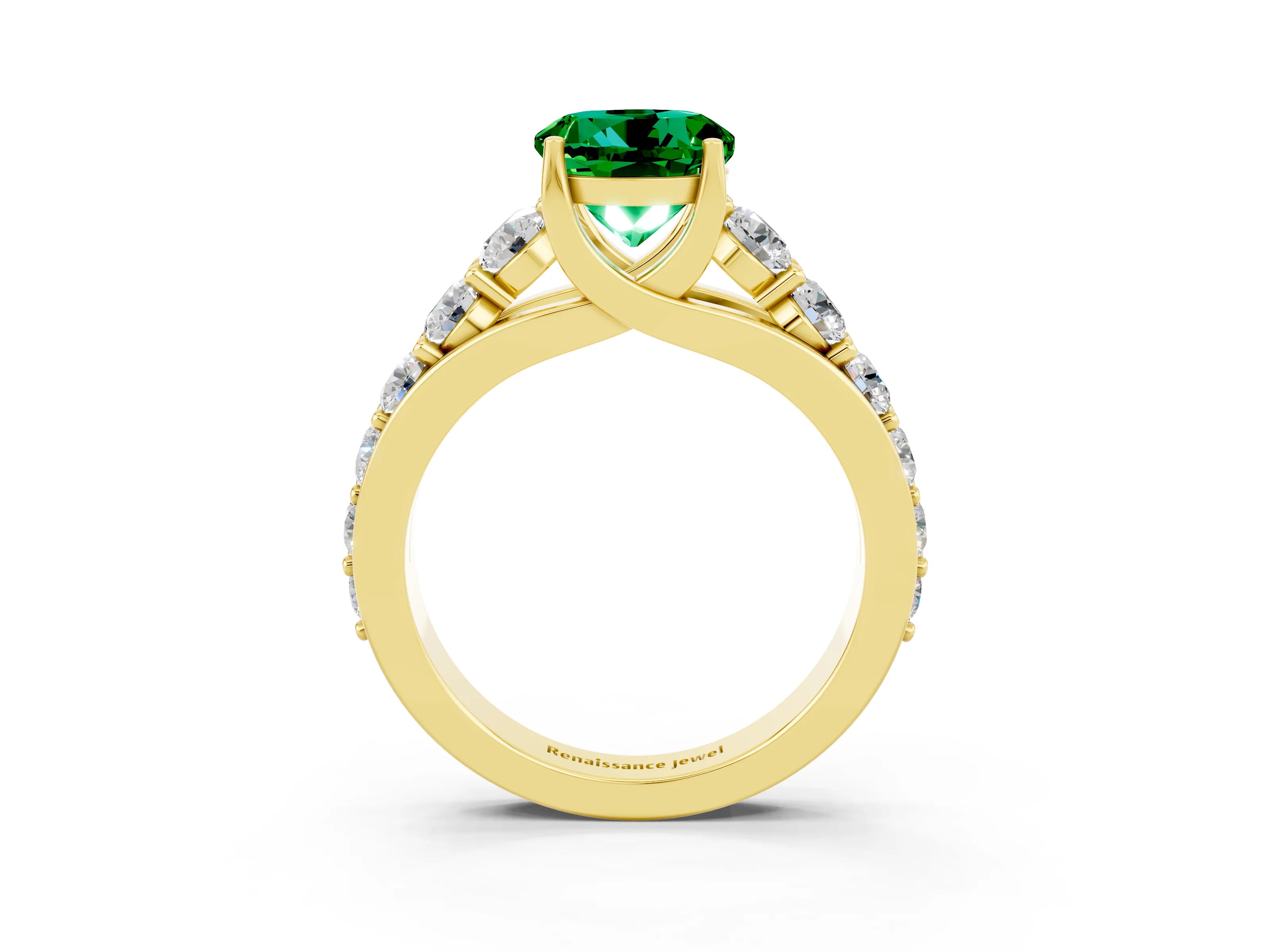 Yellow gold Round Cut Emerald Engagement Ring with Pavé Band and Four-Prong Setting_3