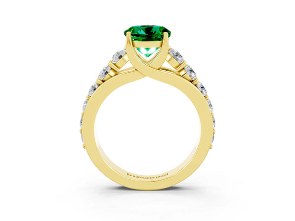 Yellow gold Round Cut Emerald Engagement Ring with Pavé Band and Four-Prong Setting