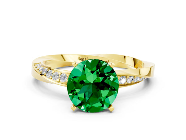 Yellow gold Round Cut Emerald Engagement Ring with Side Stone Accents and Four-Prong Setting