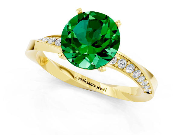 Yellow gold Round Cut Emerald Engagement Ring with Side Stone Accents and Four-Prong Setting