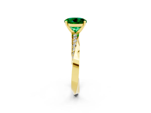 Yellow gold Round Cut Emerald Engagement Ring with Side Stone Accents and Four-Prong Setting