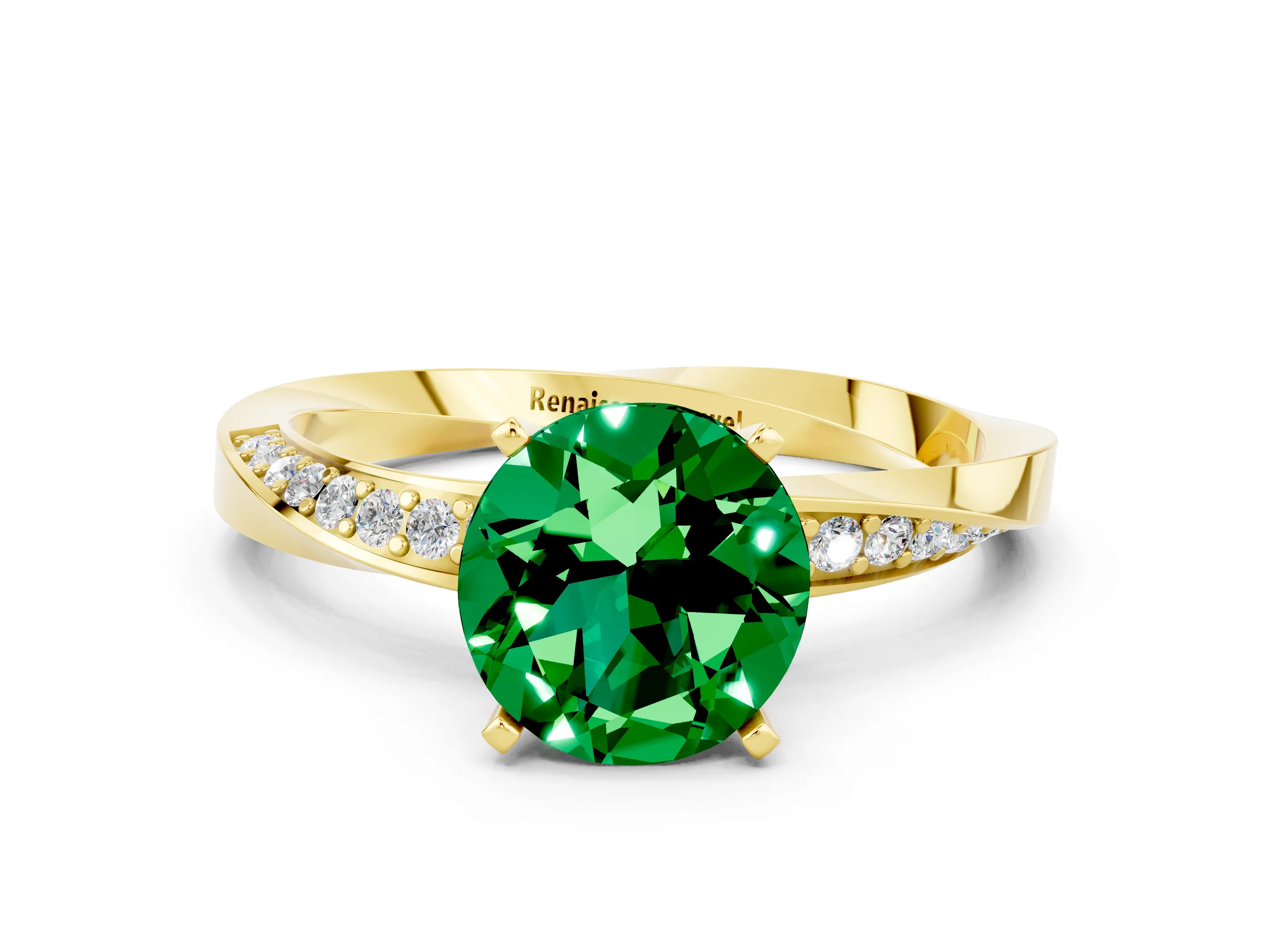 Yellow gold Round Cut Emerald Engagement Ring with Side Stone Accents and Four-Prong Setting_27