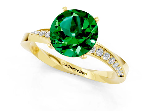 Yellow gold Round Cut Emerald Engagement Ring with Side Stone Accents and Four-Prong Setting_28