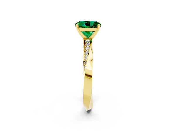 Yellow gold Round Cut Emerald Engagement Ring with Side Stone Accents and Four-Prong Setting