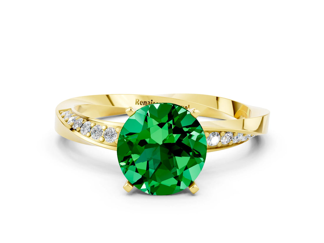 Yellow gold Round Cut Emerald Engagement Ring with Side Stone Accents and Four-Prong Setting_60