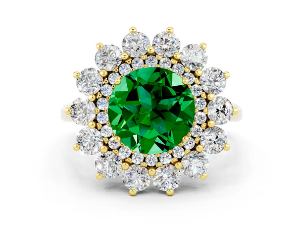 Yellow gold Round Cut Emerald Floral Double Halo Engagement Ring with Prong Setting