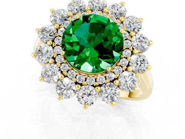 Yellow gold Round Cut Emerald Floral Double Halo Engagement Ring with Prong Setting