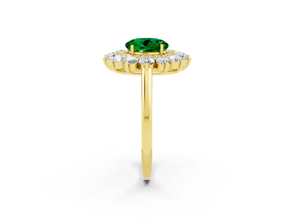 Yellow gold Round Cut Emerald Floral Double Halo Engagement Ring with Prong Setting