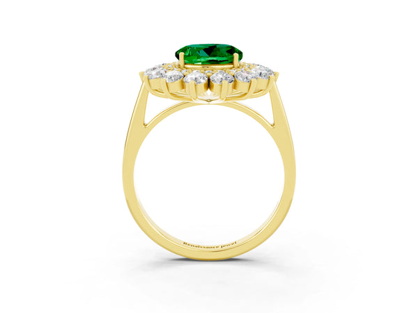 Yellow gold Round Cut Emerald Floral Double Halo Engagement Ring with Prong Setting