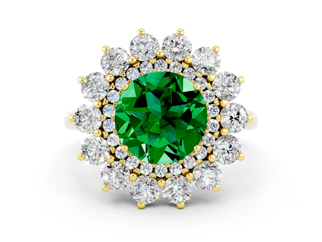 Yellow gold Round Cut Emerald Floral Double Halo Engagement Ring with Prong Setting_72