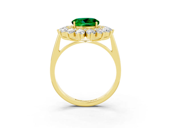 Yellow Gold Round Lab-Grown Emerald Floral Double Halo Engagement Ring with Plain Band