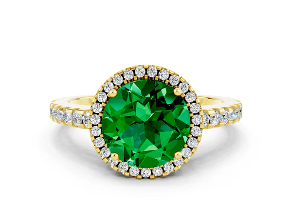 Yellow gold Round Cut Emerald Halo Engagement Ring with Pavé Band and Prong Setting