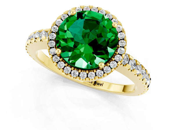 Yellow gold Round Cut Emerald Halo Engagement Ring with Pavé Band and Prong Setting