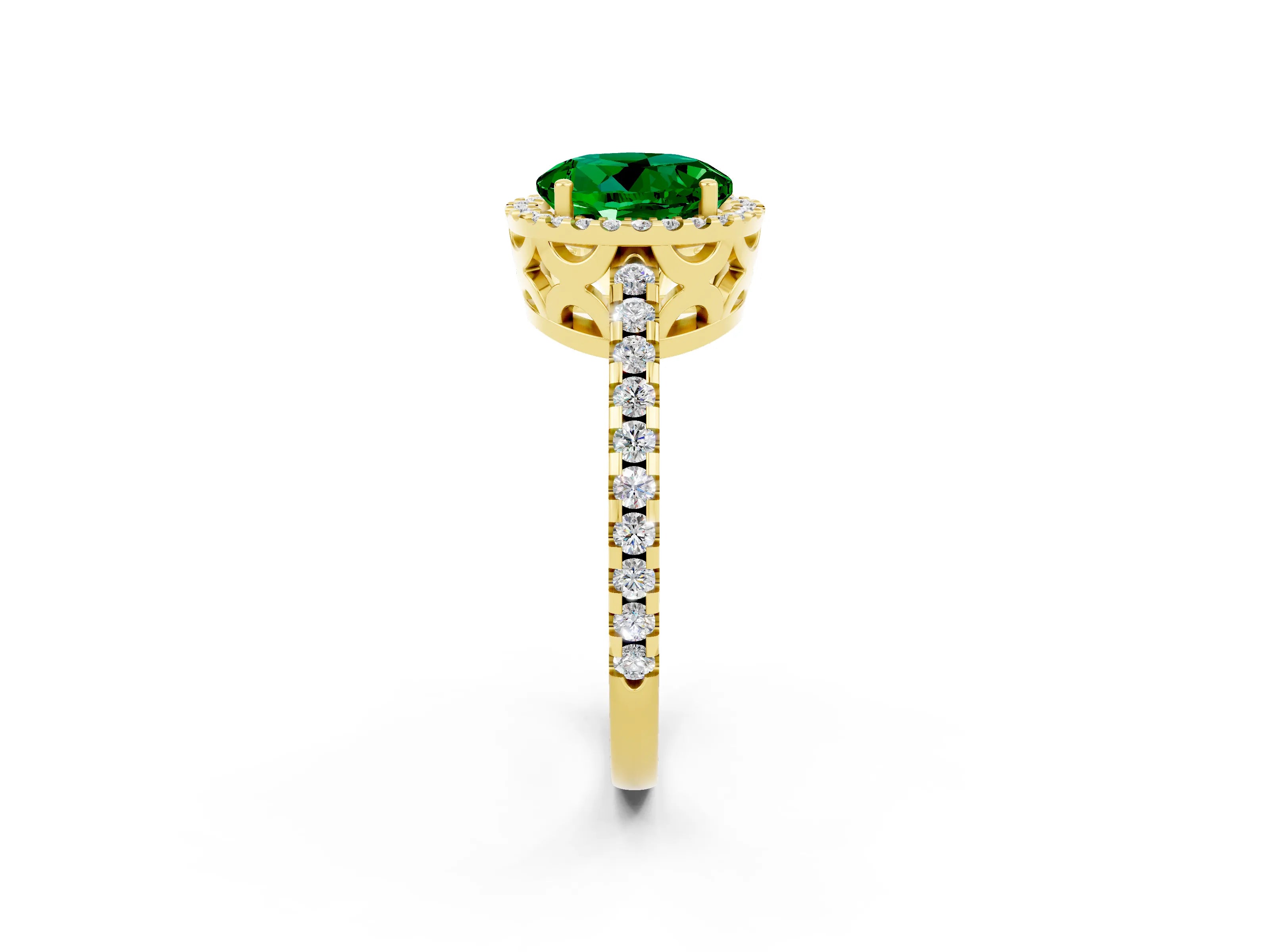 Yellow gold Round Cut Emerald Halo Engagement Ring with Pavé Band and Prong Setting_14