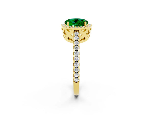Yellow gold Round Cut Emerald Halo Engagement Ring with Pavé Band and Prong Setting