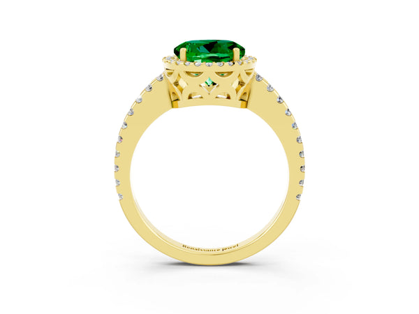 Yellow gold Round Cut Emerald Halo Engagement Ring with Pavé Band and Prong Setting