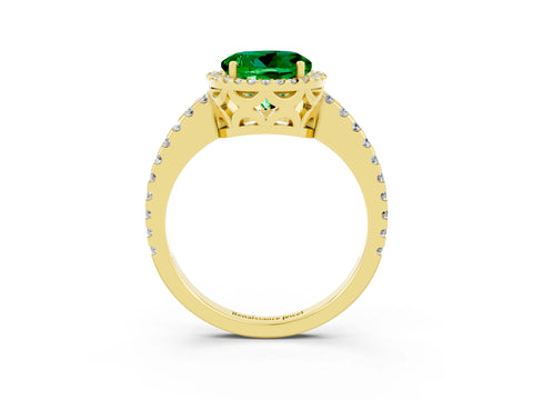Yellow gold Round Cut Emerald Halo Engagement Ring with Pavé Band and Prong Setting_15