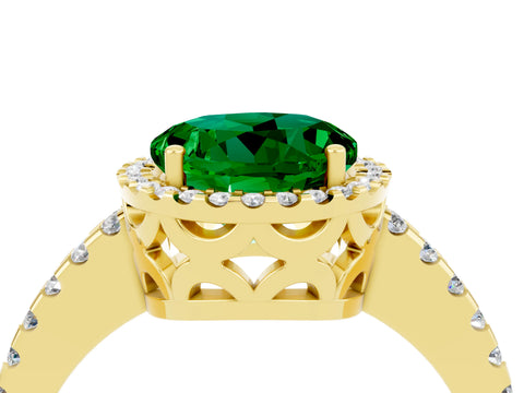 Yellow gold Round Cut Emerald Halo Engagement Ring with Pavé Band and Prong Setting_16