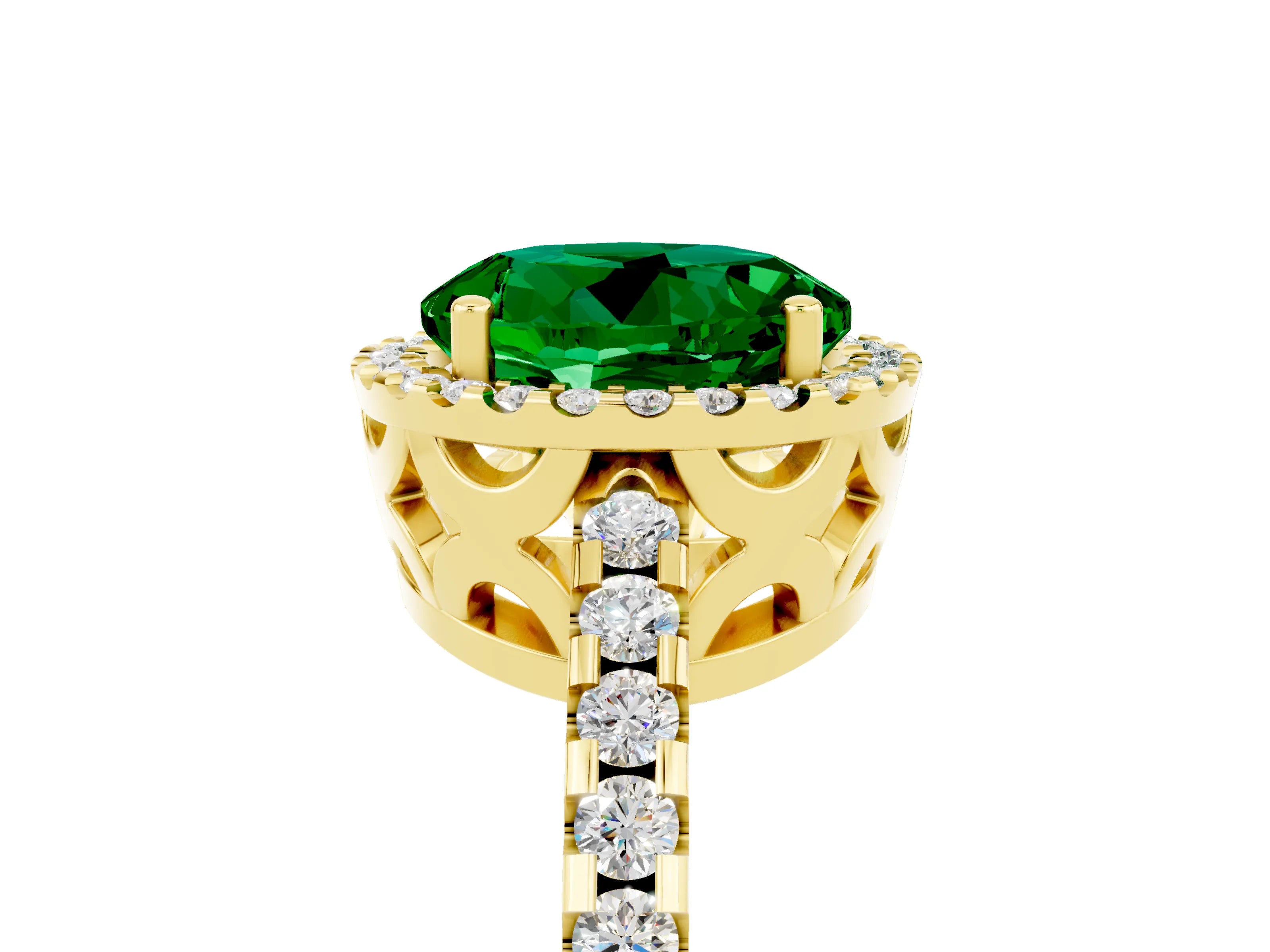 Yellow gold Round Cut Emerald Halo Engagement Ring with Pavé Band and Prong Setting_17
