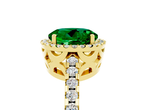 Yellow gold Round Cut Emerald Halo Engagement Ring with Pavé Band and Prong Setting_17