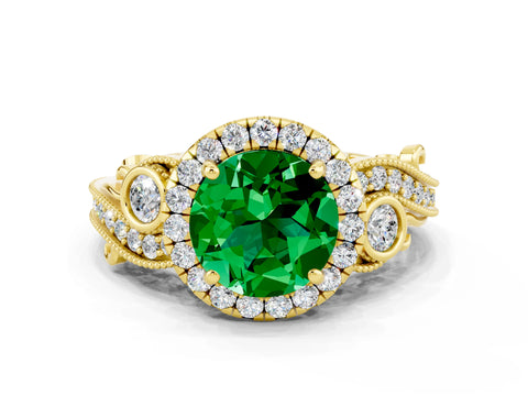 Yellow gold Round Cut Emerald Halo Ring with Milgrain Pavé Band and Four-Prong Setting_12