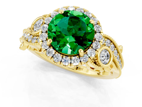 Yellow gold Round Cut Emerald Halo Ring with Milgrain Pavé Band and Four-Prong Setting_13