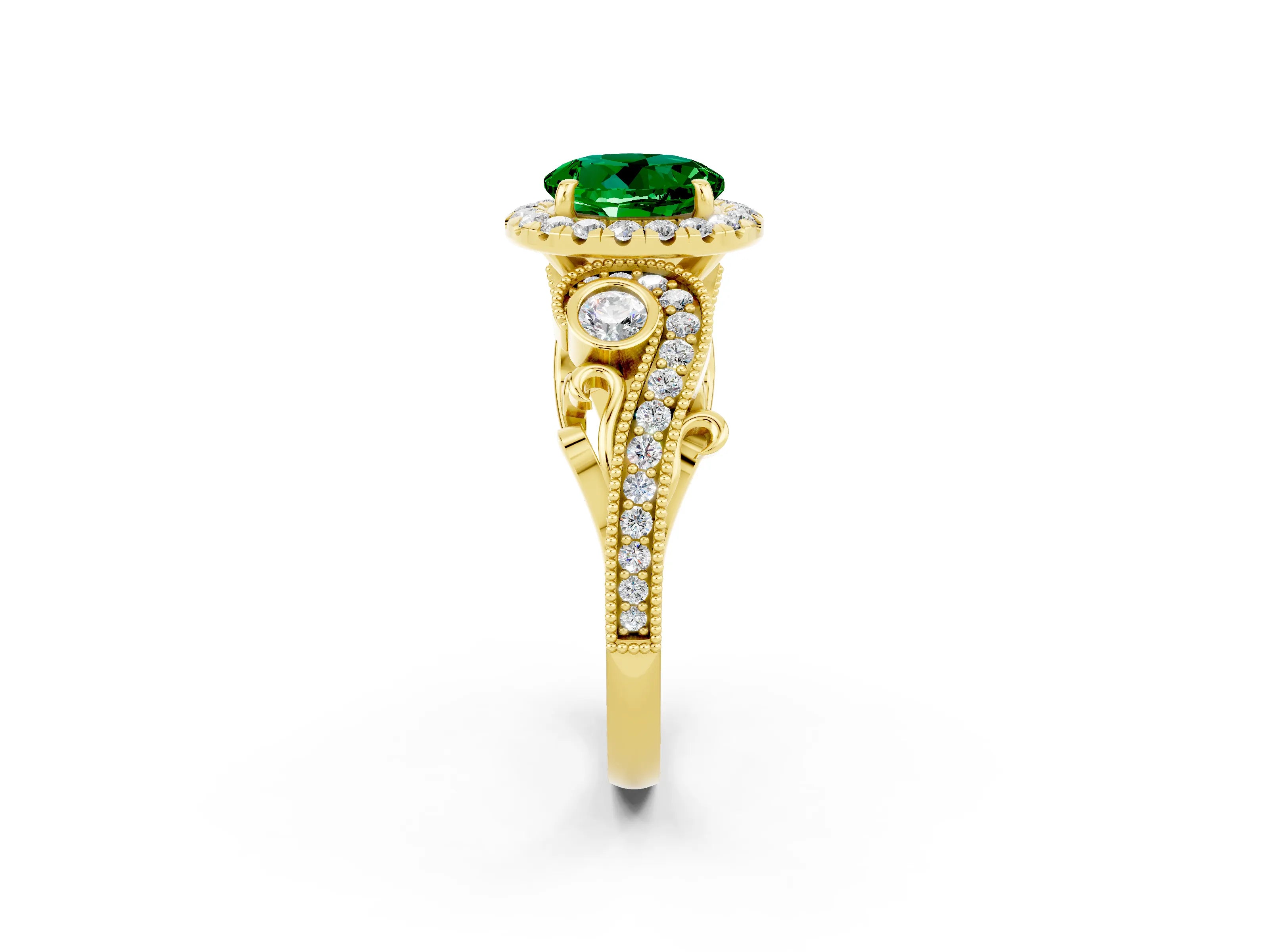 Yellow gold Round Cut Emerald Halo Ring with Milgrain Pavé Band and Four-Prong Setting_14