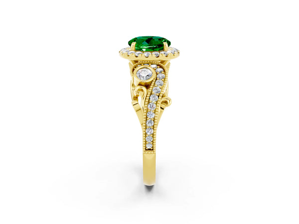 Yellow gold Round Cut Emerald Halo Ring with Milgrain Pavé Band and Four-Prong Setting