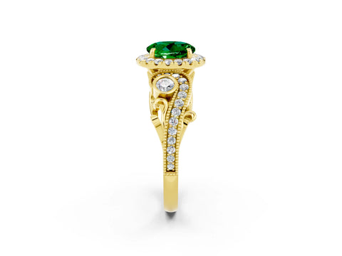 Yellow gold Round Cut Emerald Halo Ring with Milgrain Pavé Band and Four-Prong Setting_14