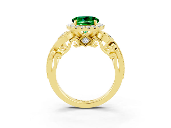 Yellow gold Round Cut Emerald Halo Ring with Milgrain Pavé Band and Four-Prong Setting