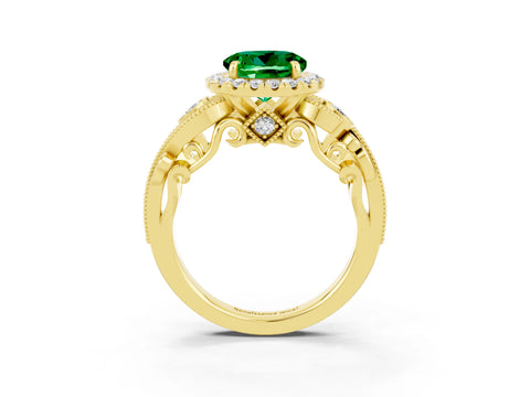 Yellow gold Round Cut Emerald Halo Ring with Milgrain Pavé Band and Four-Prong Setting_15