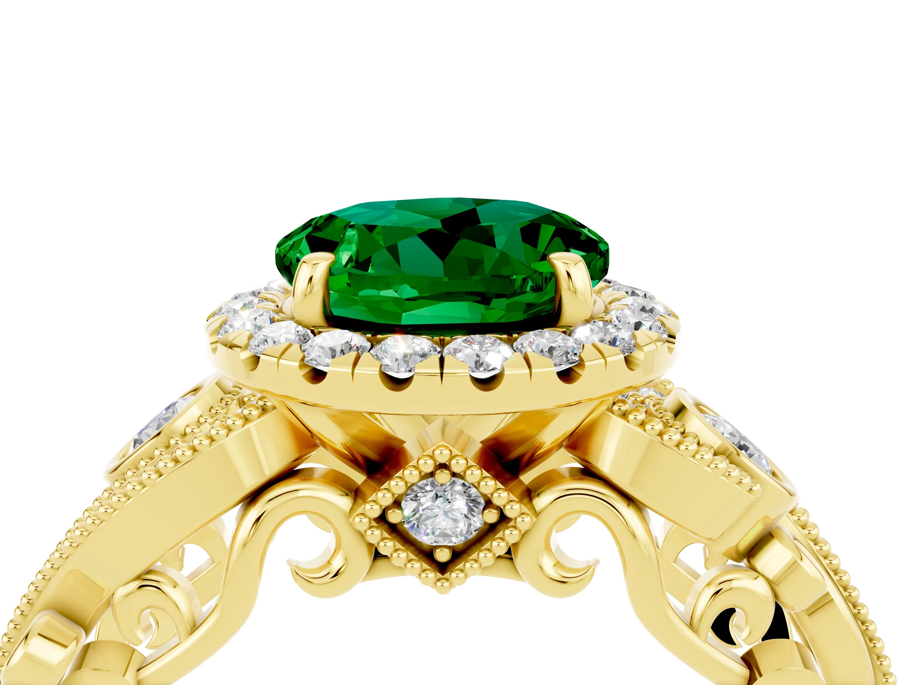 Yellow gold Round Cut Emerald Halo Ring with Milgrain Pavé Band and Four-Prong Setting_16