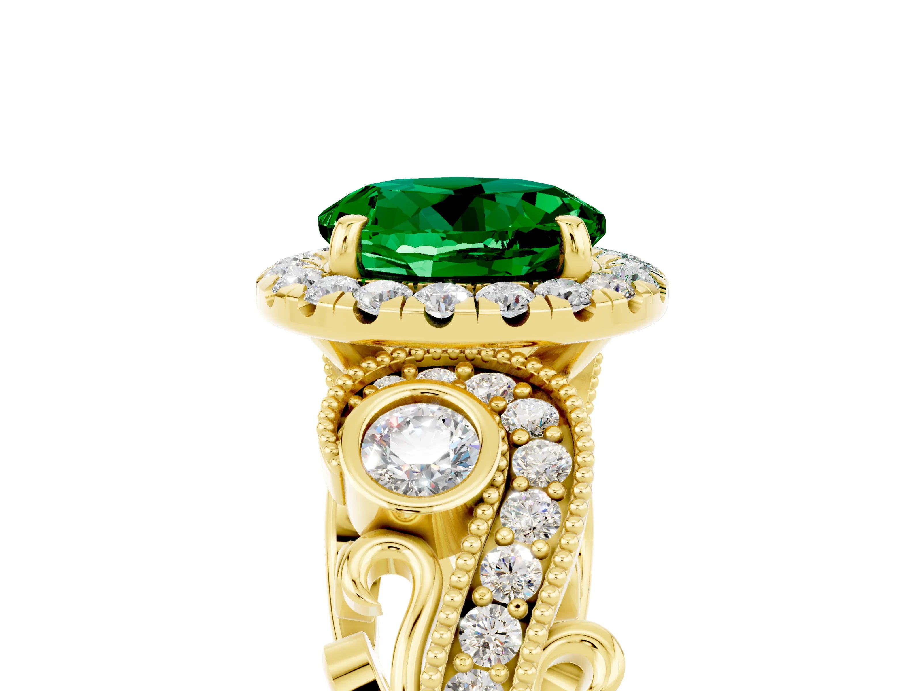Yellow gold Round Cut Emerald Halo Ring with Milgrain Pavé Band and Four-Prong Setting_17