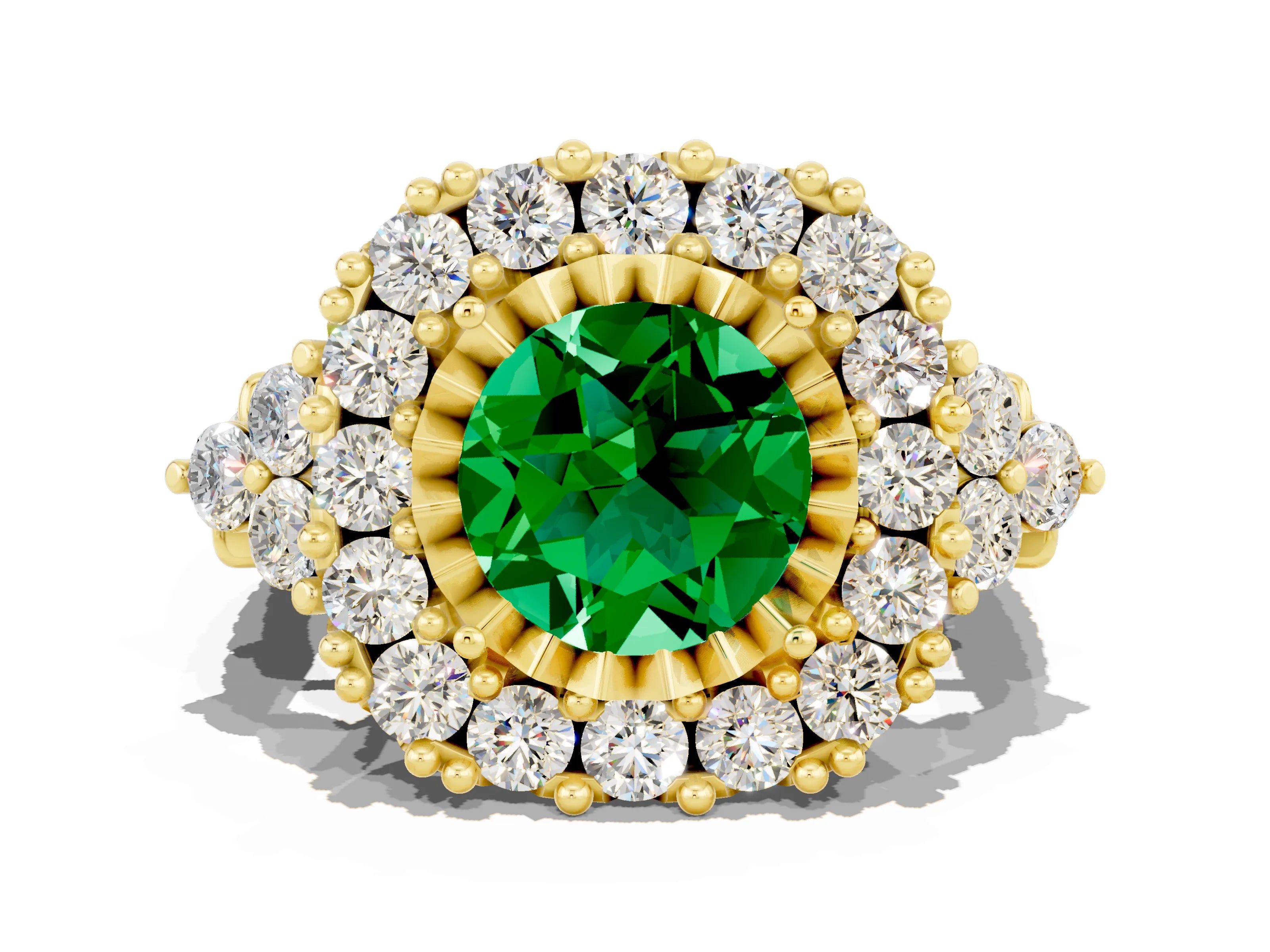 Yellow gold Round Cut Emerald Halo Ring with Pavé Band and Four-Prong Setting_12