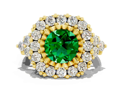 Yellow gold Round Cut Emerald Halo Ring with Pavé Band and Four-Prong Setting_12