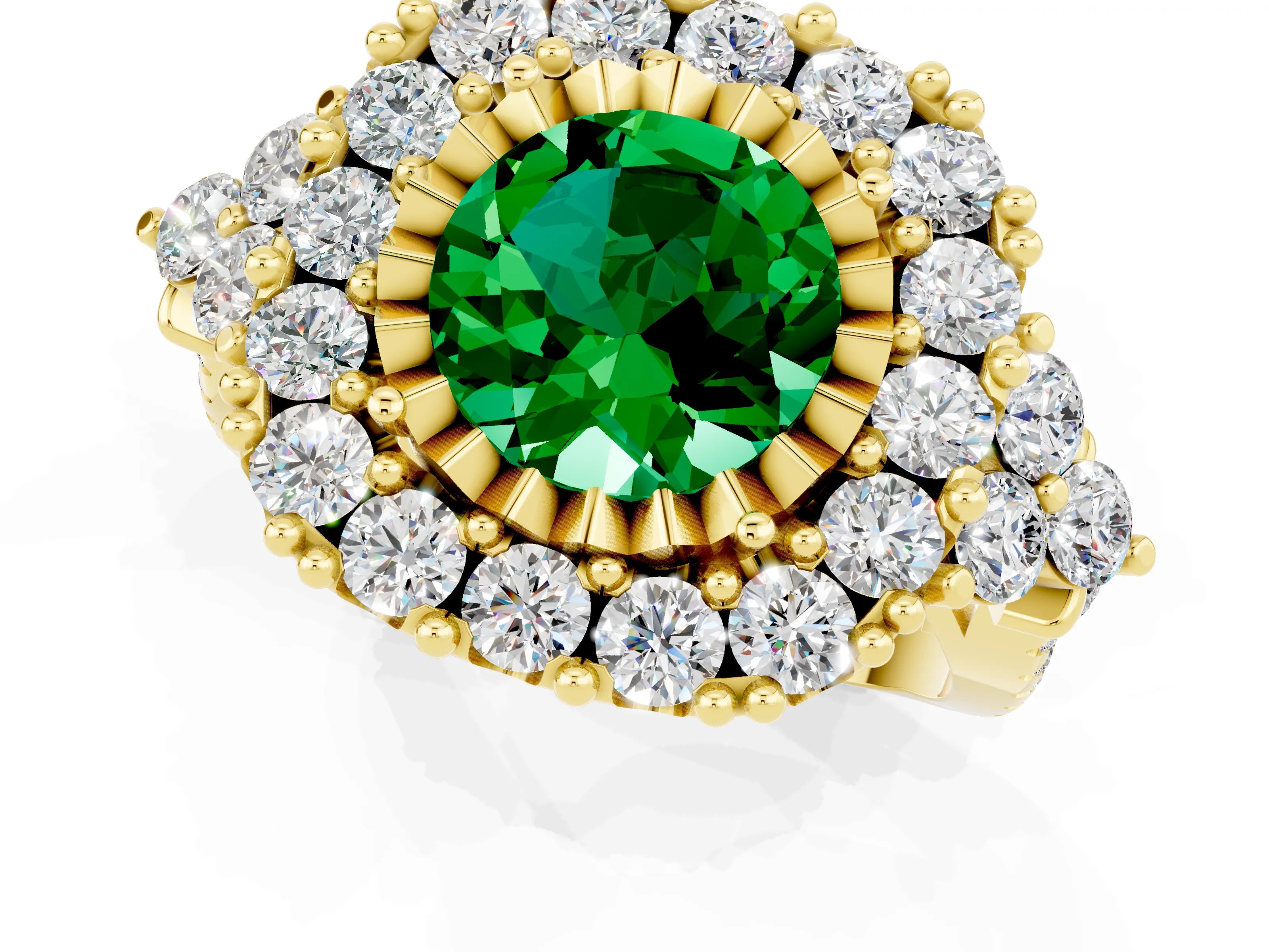 Yellow gold Round Cut Emerald Halo Ring with Pavé Band and Four-Prong Setting_13