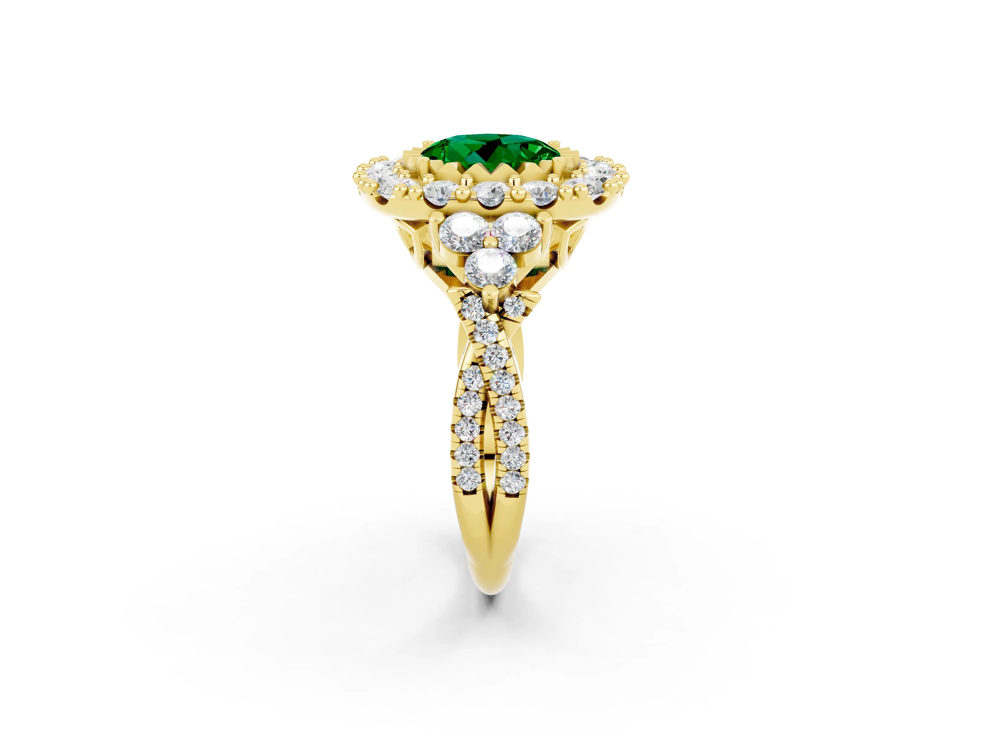 Yellow gold Round Cut Emerald Halo Ring with Pavé Band and Four-Prong Setting_14