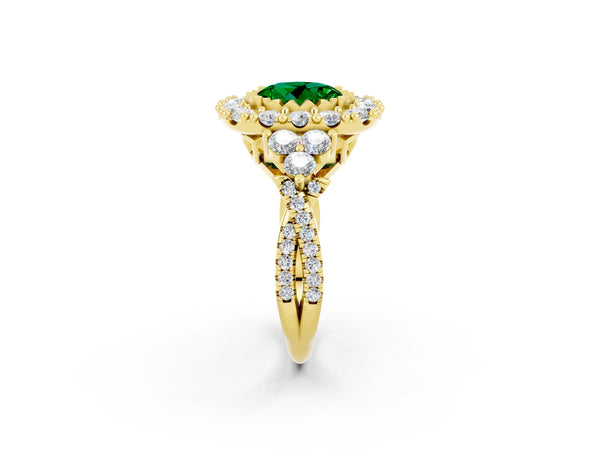 Yellow gold Round Cut Emerald Halo Ring with Pavé Band and Four-Prong Setting